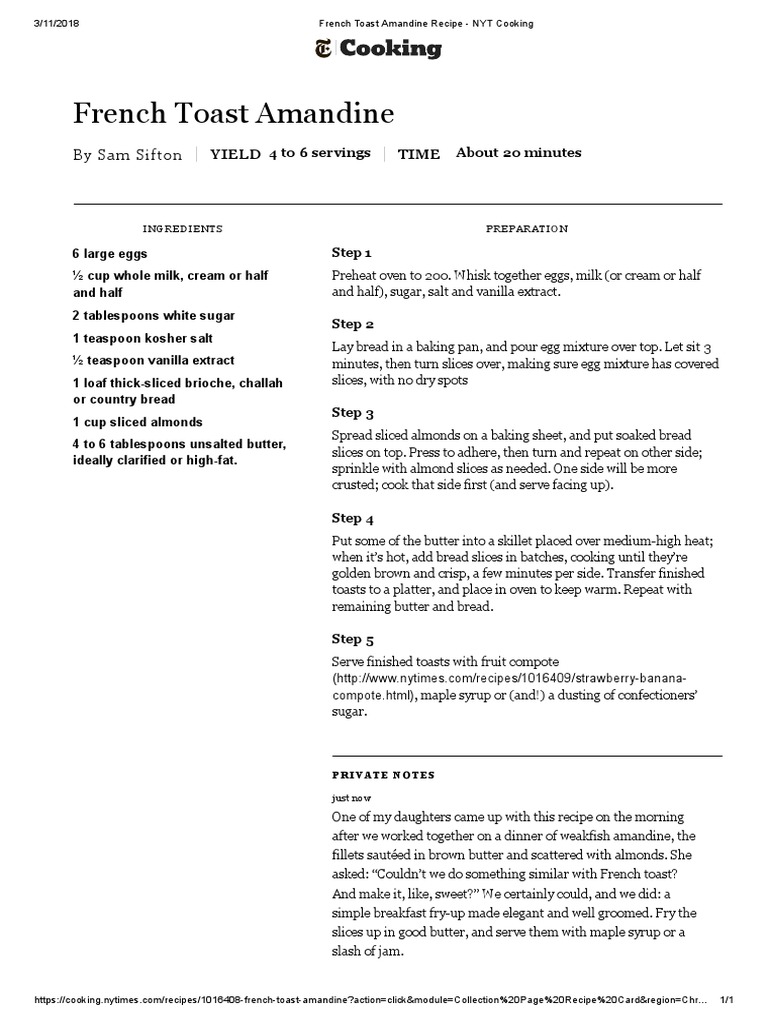 French Toast Amandine Recipe Nyt Cooking Toast Butter