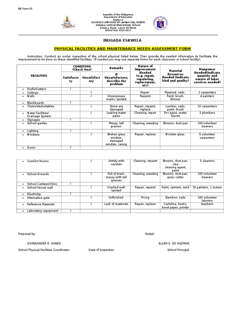 Be Form 1 - Physical Facilities and Maintenance Needs Assessment Form ...