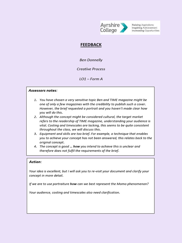 Feedback: Assessors Notes | PDF