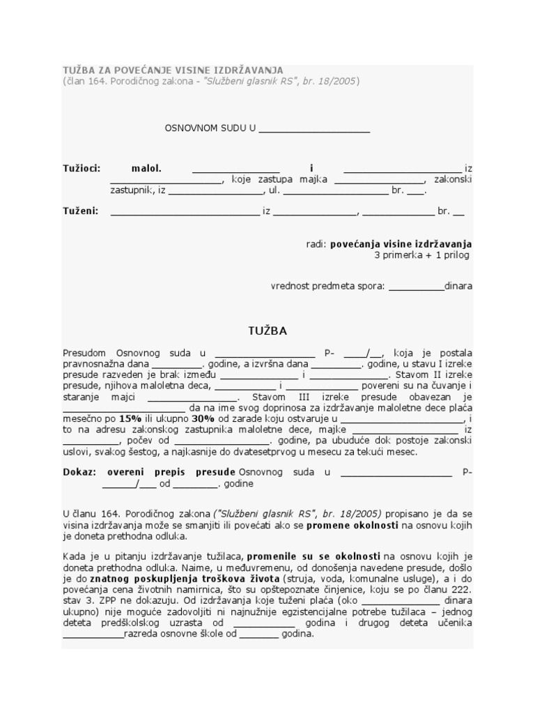 Tužba Za Povećanje Visine Izdržavanja | PDF