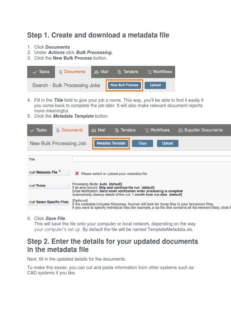 Aconex Bulk Document Upload Guide | PDF | Metadata | Computer File
