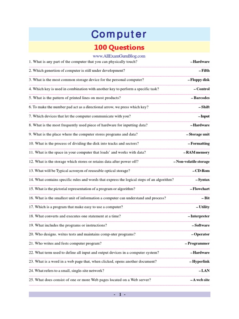 100 Computer Questions and Answers | PDF | Computer Data Storage ...