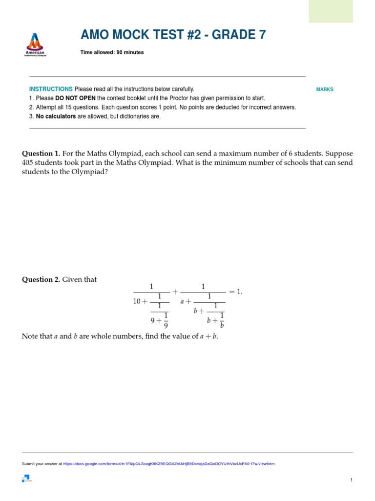 AMO Mock Test 2 Grade 7 (1) | Mathematics