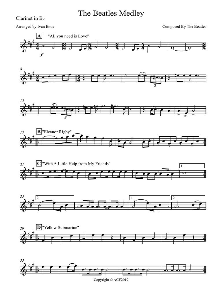 The Beatles Medley Clarinet In Bb Paul Mccartney John Lennon