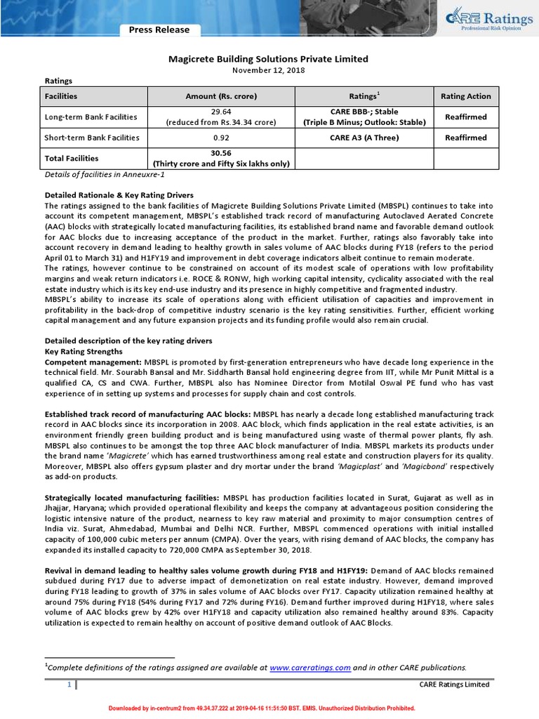 Magicrete Building Solutions Private Limited PDF Credit Rating Economies