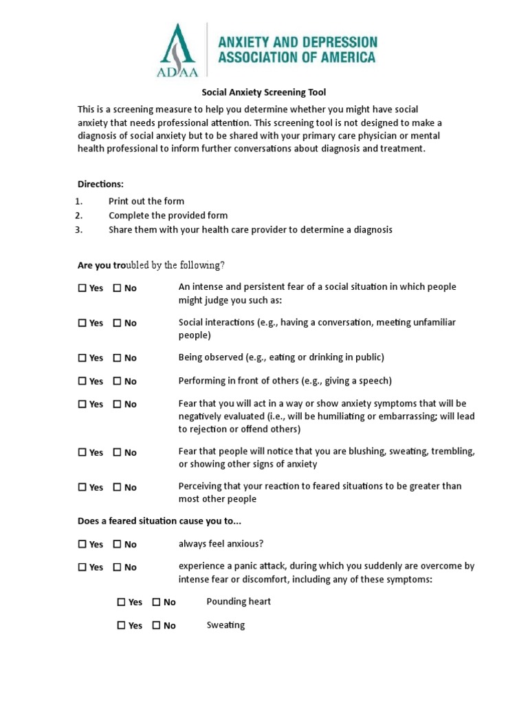 Social Anxiety Screening Tool | PDF | Social Anxiety | Anxiety Disorder