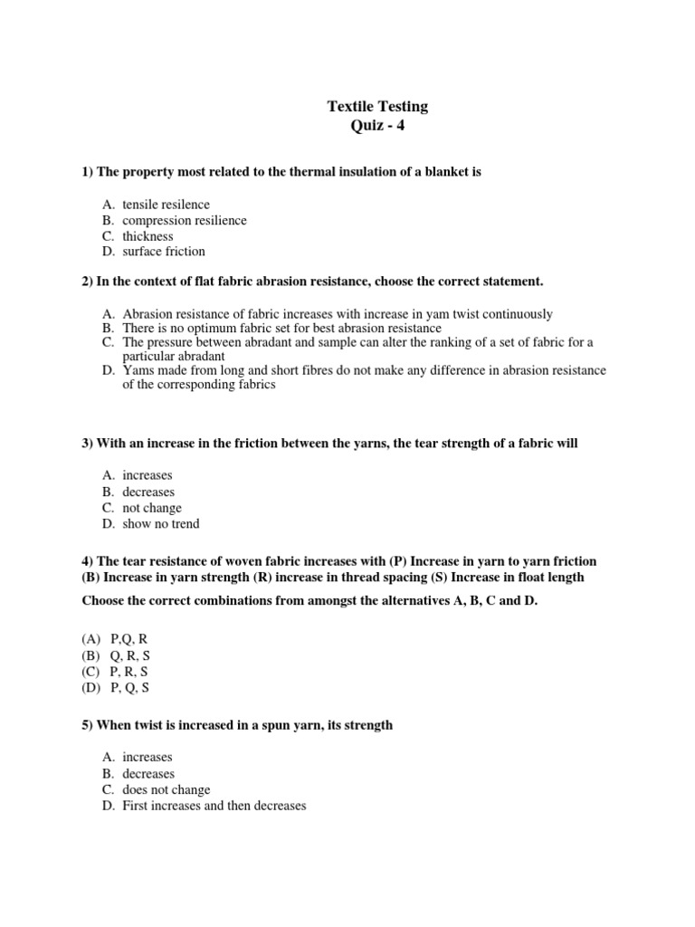 Textile Testing Quiz 4 PDF Yarn Spinning (Textiles)