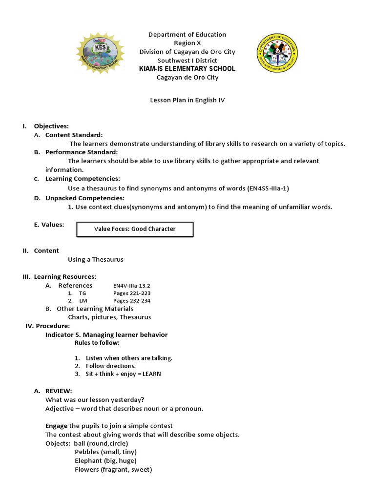 Synonyms and Antonyms Lesson Plan | PDF | Lesson Plan | Learning