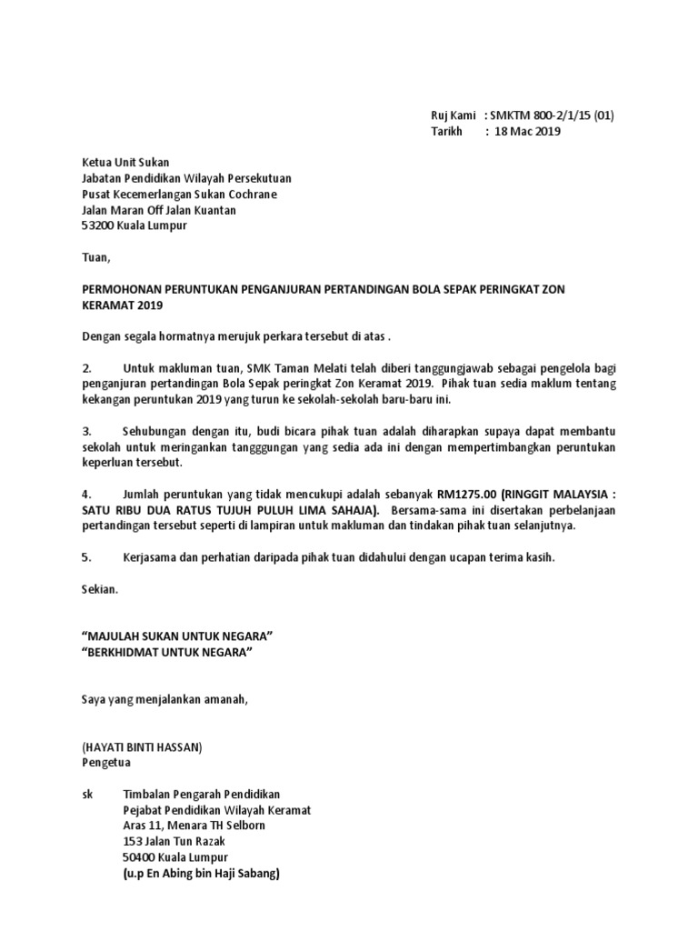 Surat Permohonan Peruntukan Wang Unit Sukan Pdf