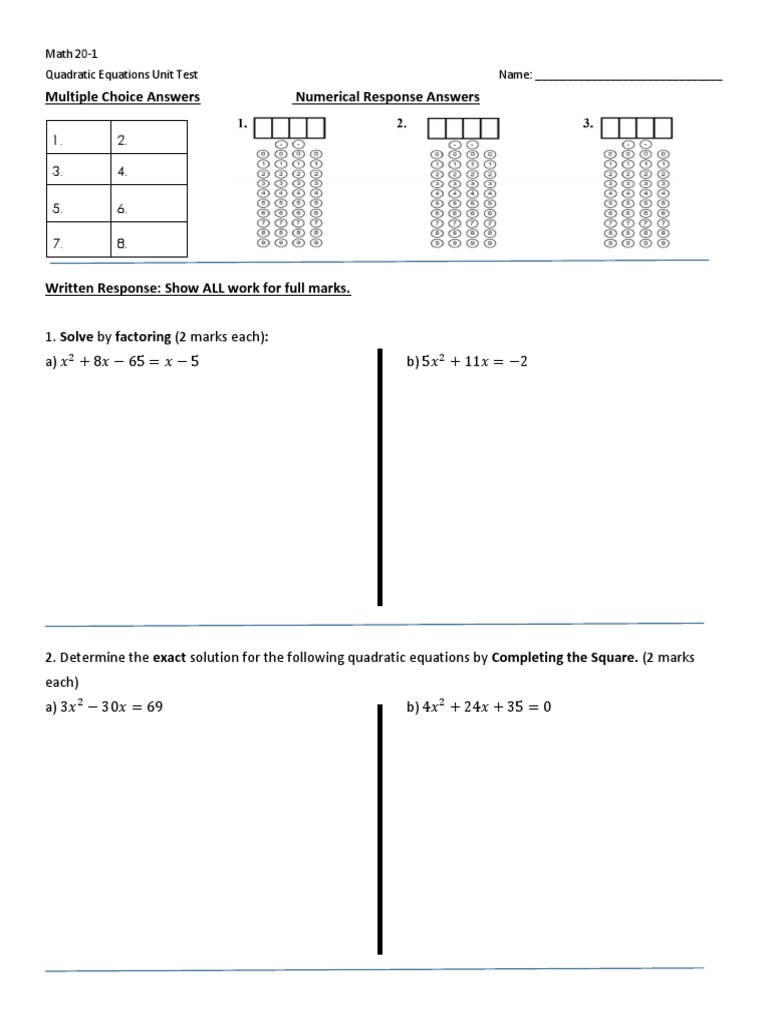 Multiple Choice Answers Numerical Response Answers | PDF | Quadratic ...