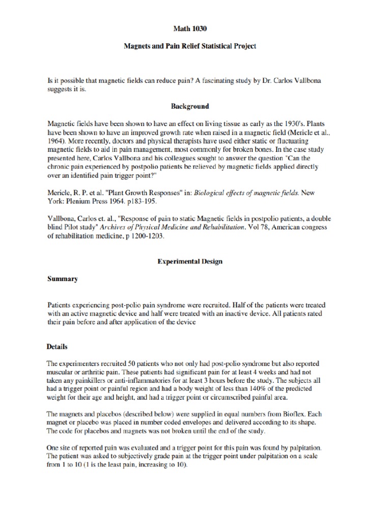Math 1030 and Pain Relief PDF Placebo Experiment