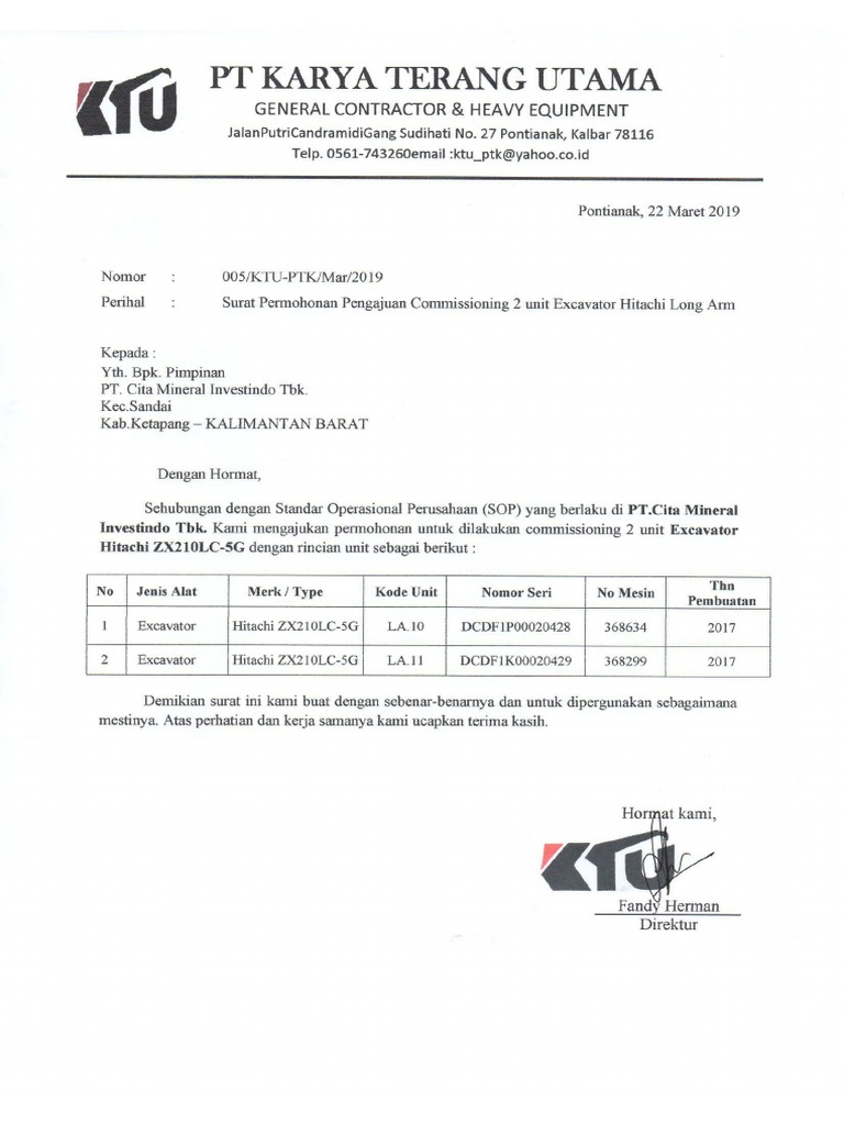 005 Ktu Surat Permohonan Commissioning Pt Cmi Pdf