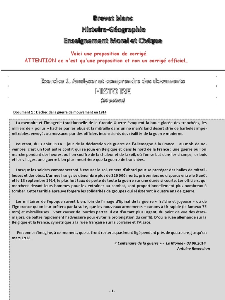 Sujet Brevet Seconde Guerre Mondiale Pdf Corrigé BREVET BLANC 2019 La Corrrection | PDF | Première guerre mondiale |  Religions et croyances