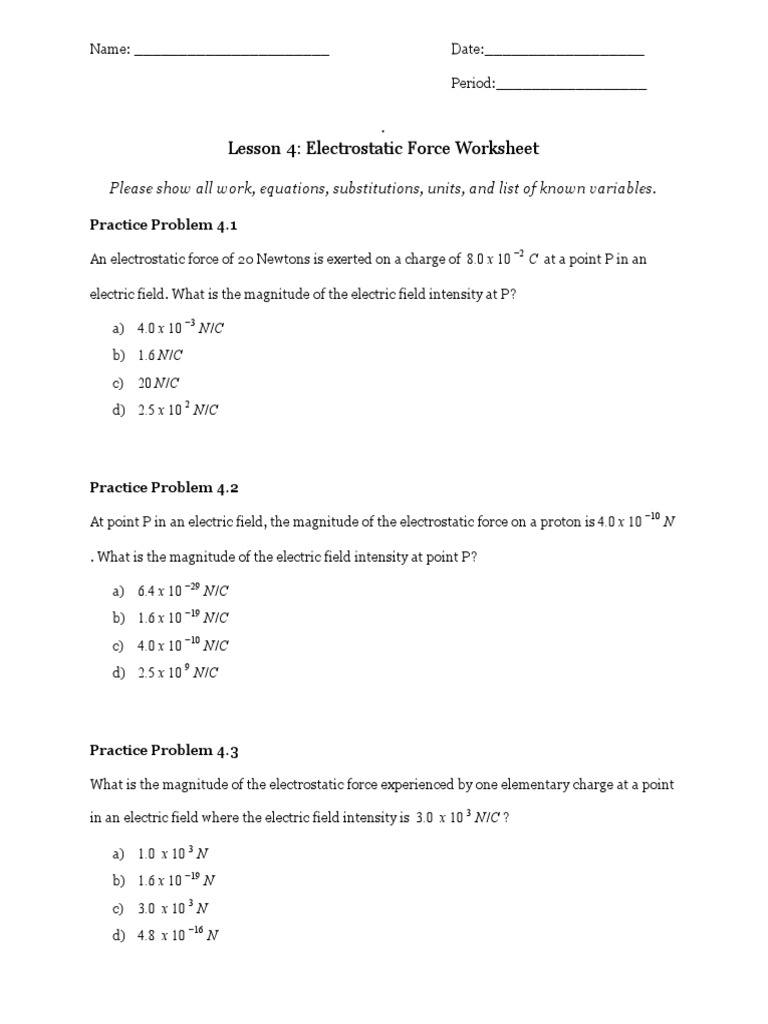 Lesson 4 Electrostatic Force Worksheet PDF