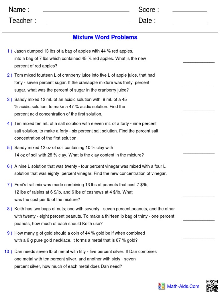 Algebra Word Problems D  PDF  Gold  Clay With Regard To Mixture Word Problems Worksheet