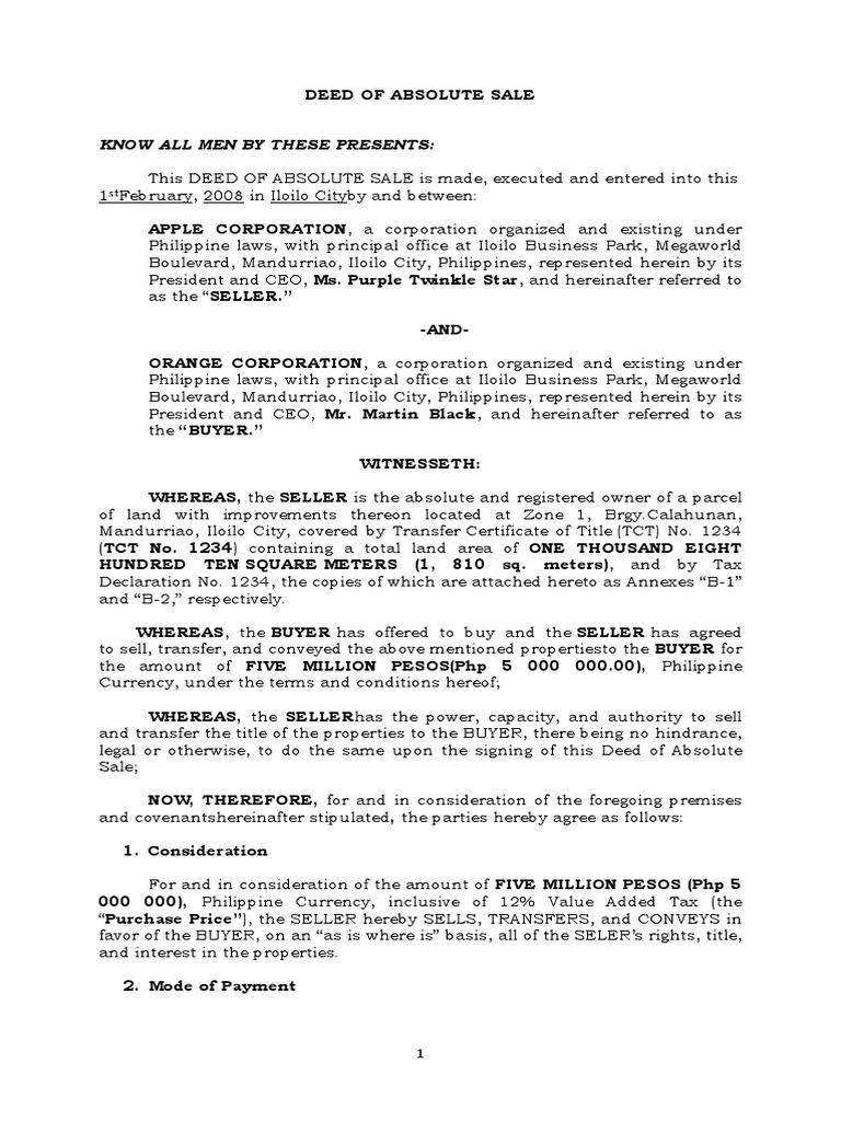 Deed of Absolute Sale | PDF | Deed | Real Property