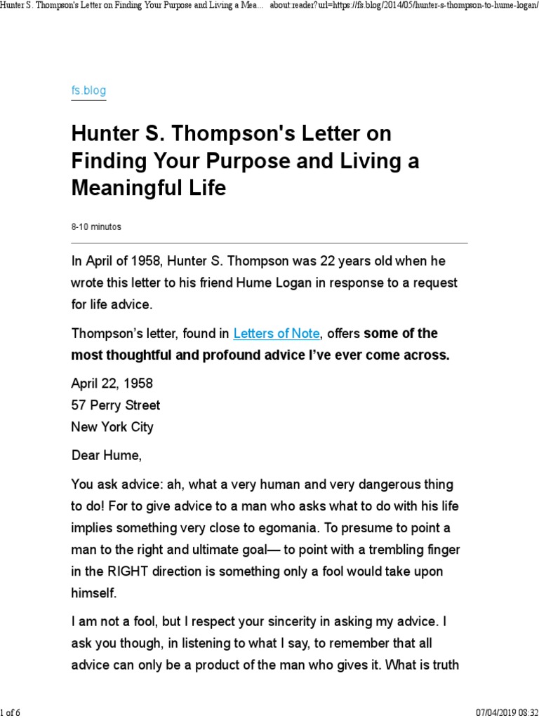 Hunter S Thompson Letter PDF | PDF | Existentialism | Metaphysics