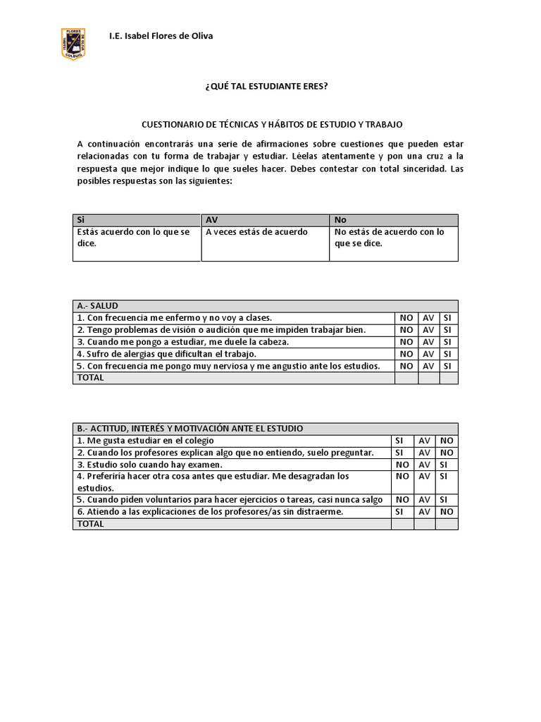 CUESTIONARIO HABITOS DE ESTUDIO 5 Y6 6to | PDF | Crecimiento personal y ...