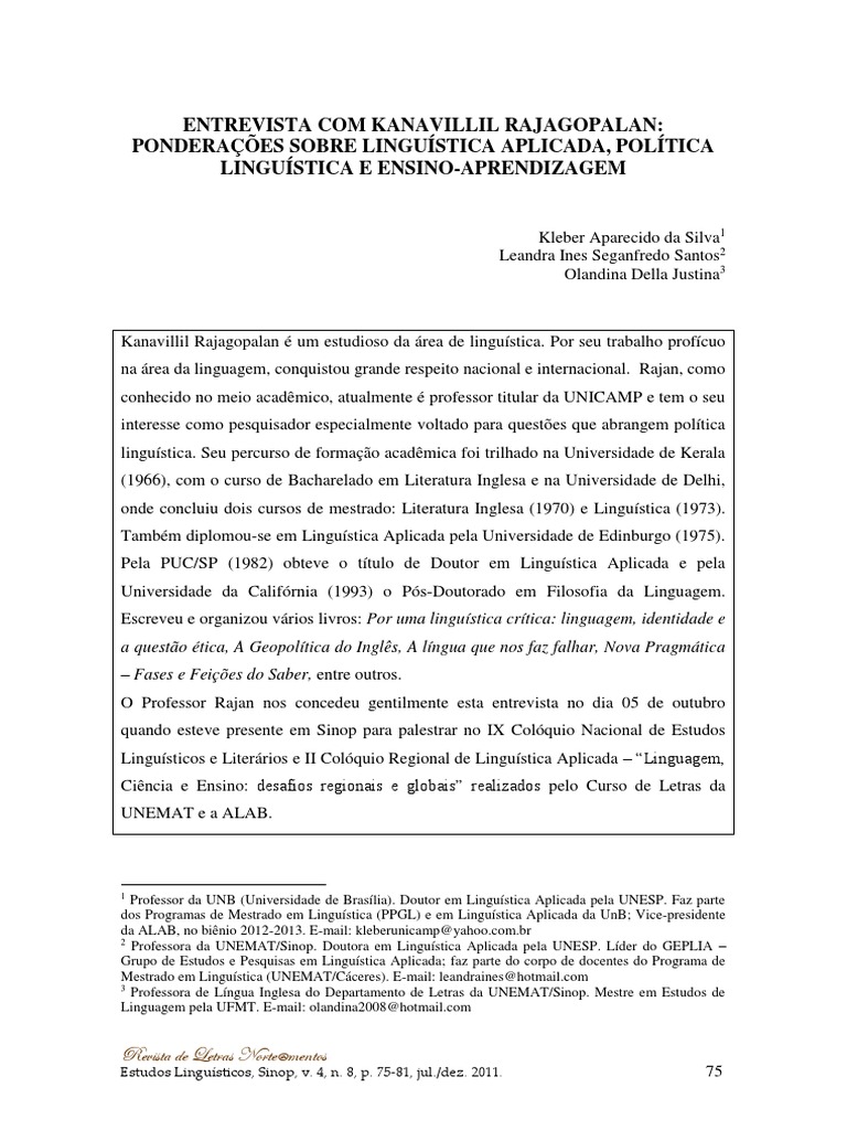 Entrevista Com Rajagopalan PDF PDF Linguagem natural Linguística