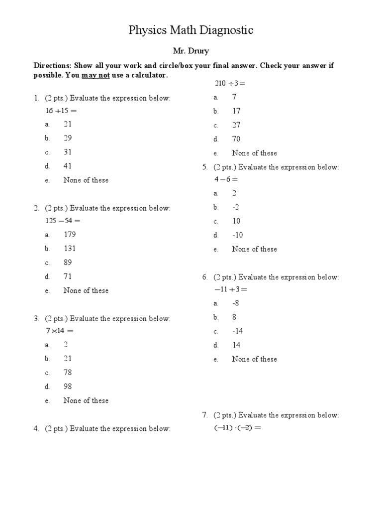 Pre Calculus Diagnostic Test Algebra Elementary Mathematics