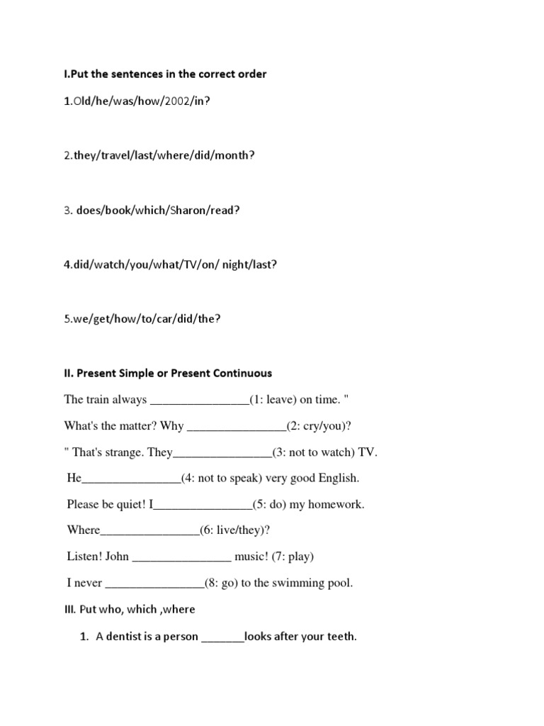 Sentence Ordering and Grammar Exercises | PDF
