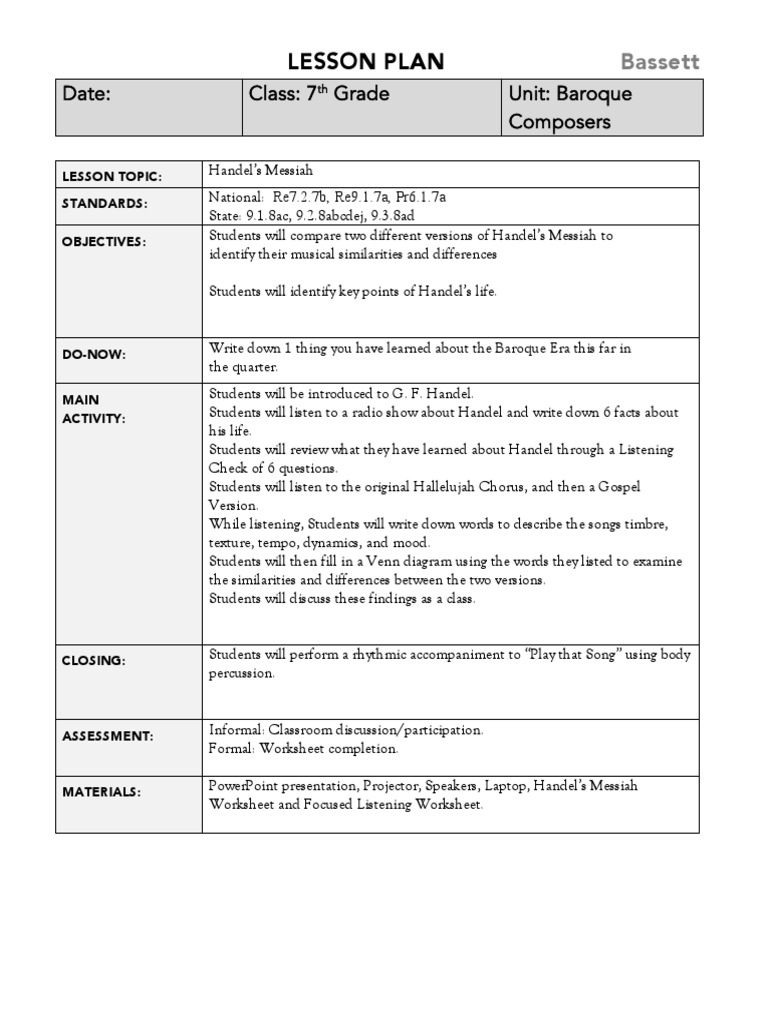 Handels Messiah Lesson Plan PDF Tempo Messiah (Handel)