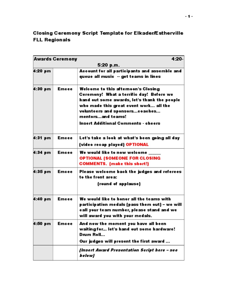 FLL Regionals Closing Ceremony Script | PDF | Mentorship | Cognitive ...