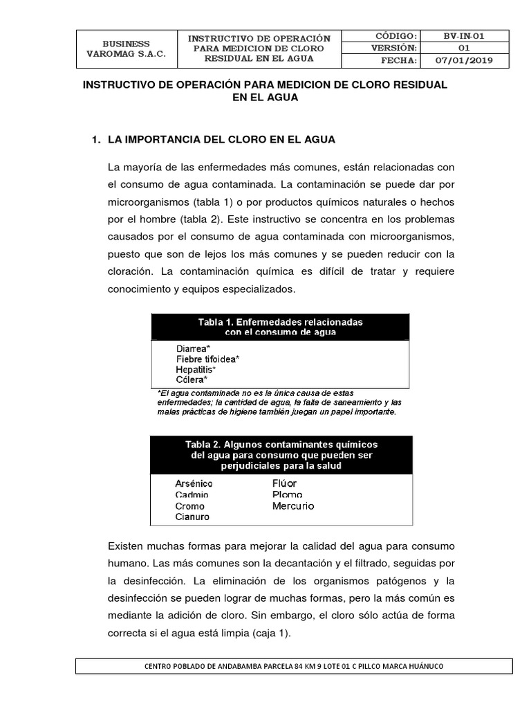 Instructivo de Operación para Medicion de Cloro Residual en El Agua