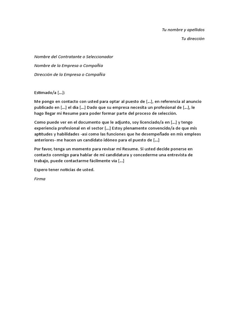 Ejemplo De Cover Letter En Espanol Para Resume Word Odt Pdf
