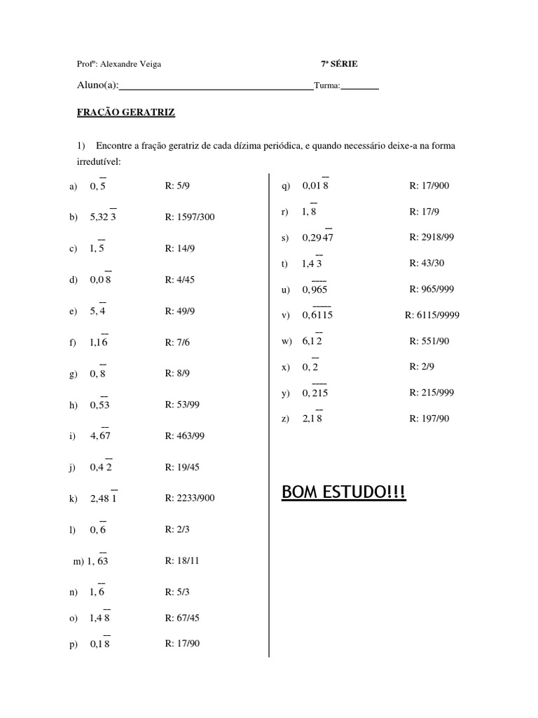 Fracao Geratriz Com Gabarito | PDF | Aritmética | Ensino de Matemática