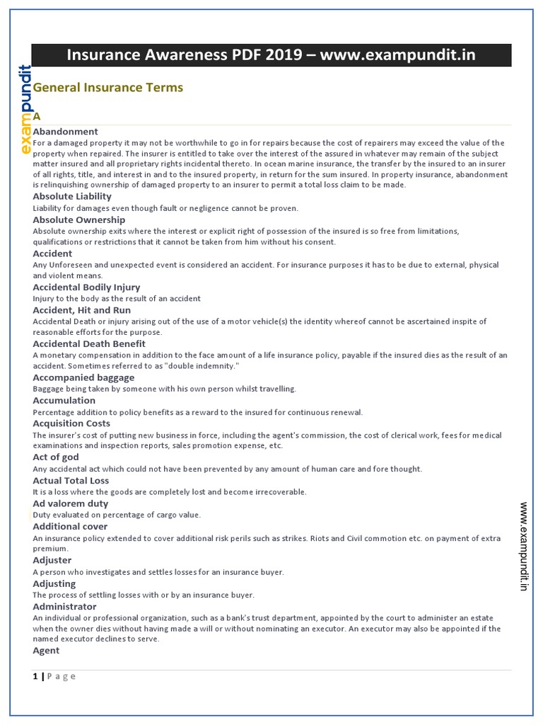 Insurance Awareness PDF 2019 - Downloaded From Exampundit - in PDF ...