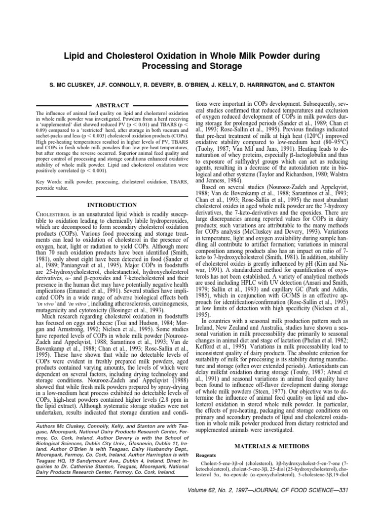 Lipid and Cholesterol Oxidation in Whole PDF PDF Powdered Milk Milk