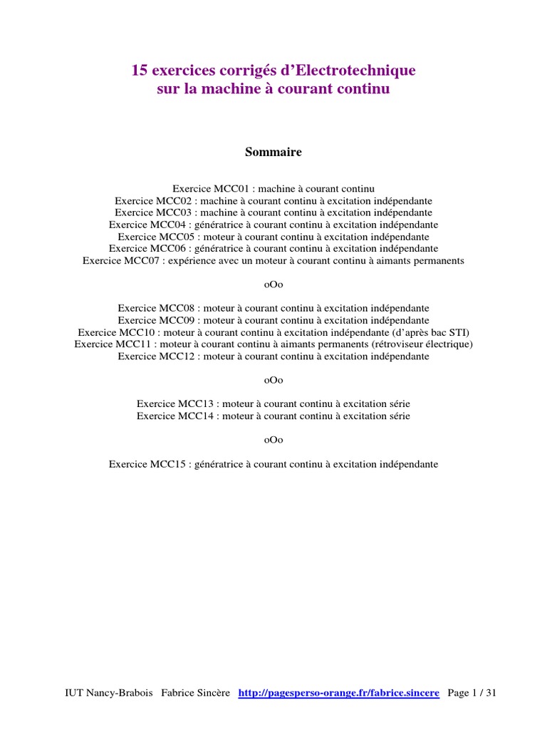 15 exercices corrigés d Electrotechnique sur la machine à courant 