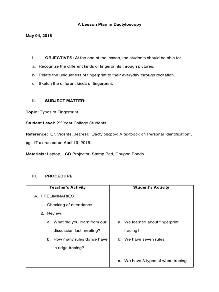Fingerprint Types and Identification | PDF | Fingerprint | Lesson Plan