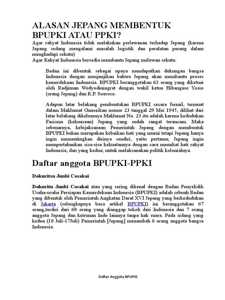 Alasan Jepang Membentuk Bpupki Atau Ppki Pdf