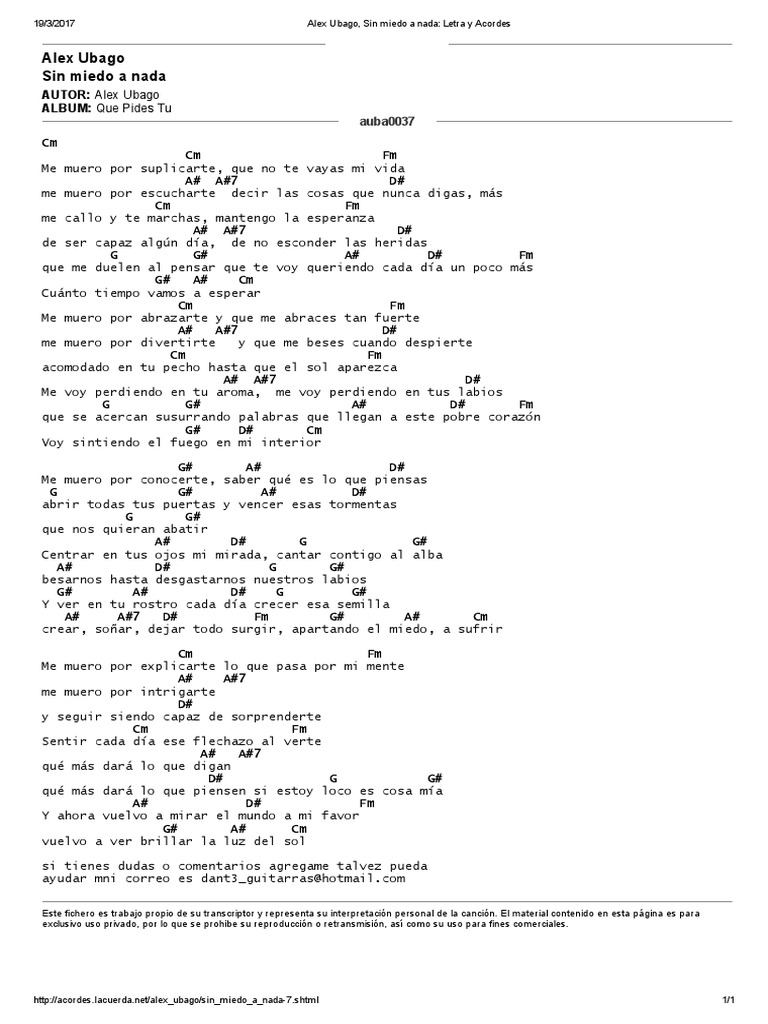 Alex Ubago Sin Miedo A Nada Letra Y Acordes Ocio
