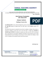 Joint Entrance Examination JEE (Main) - 2019 Public Notice: Challenge of Answer Key