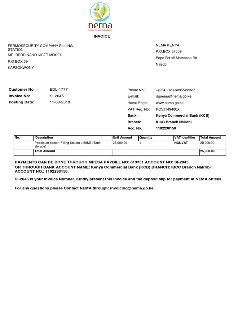 Invoice Sample for NEMA Payments | PDF