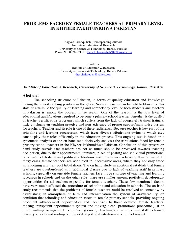 Problems Faced by Female Teachers at Pri | PDF | Teachers | Pakistan