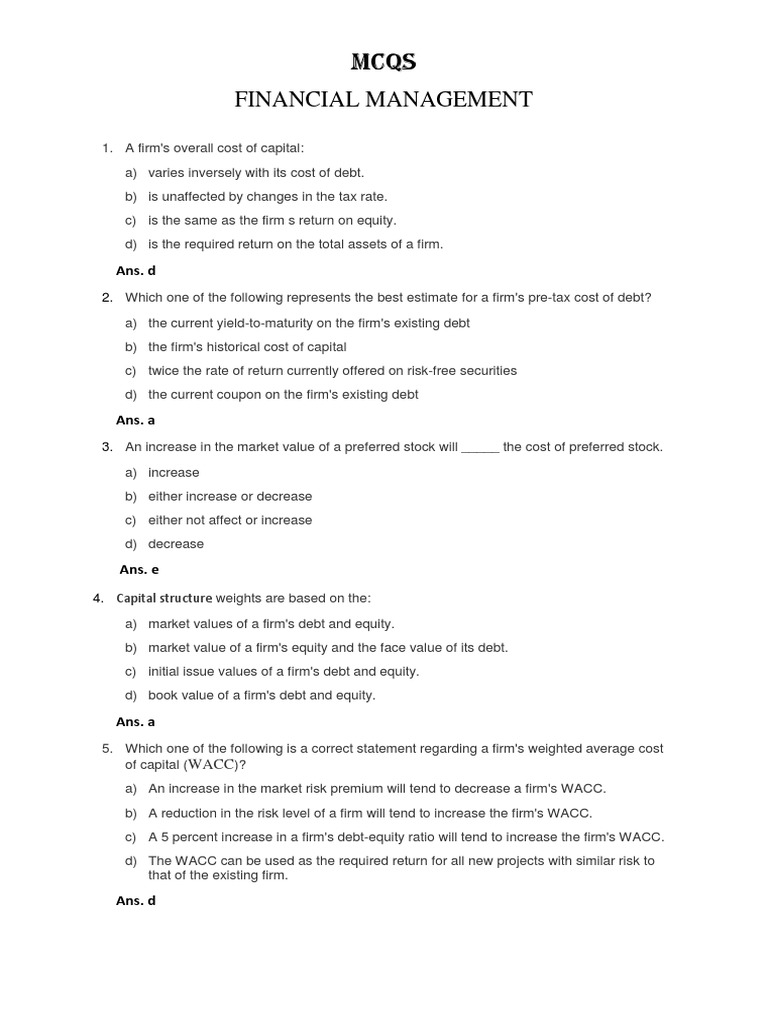 Fm Mcqs Pdf Cost Of Capital Dividend