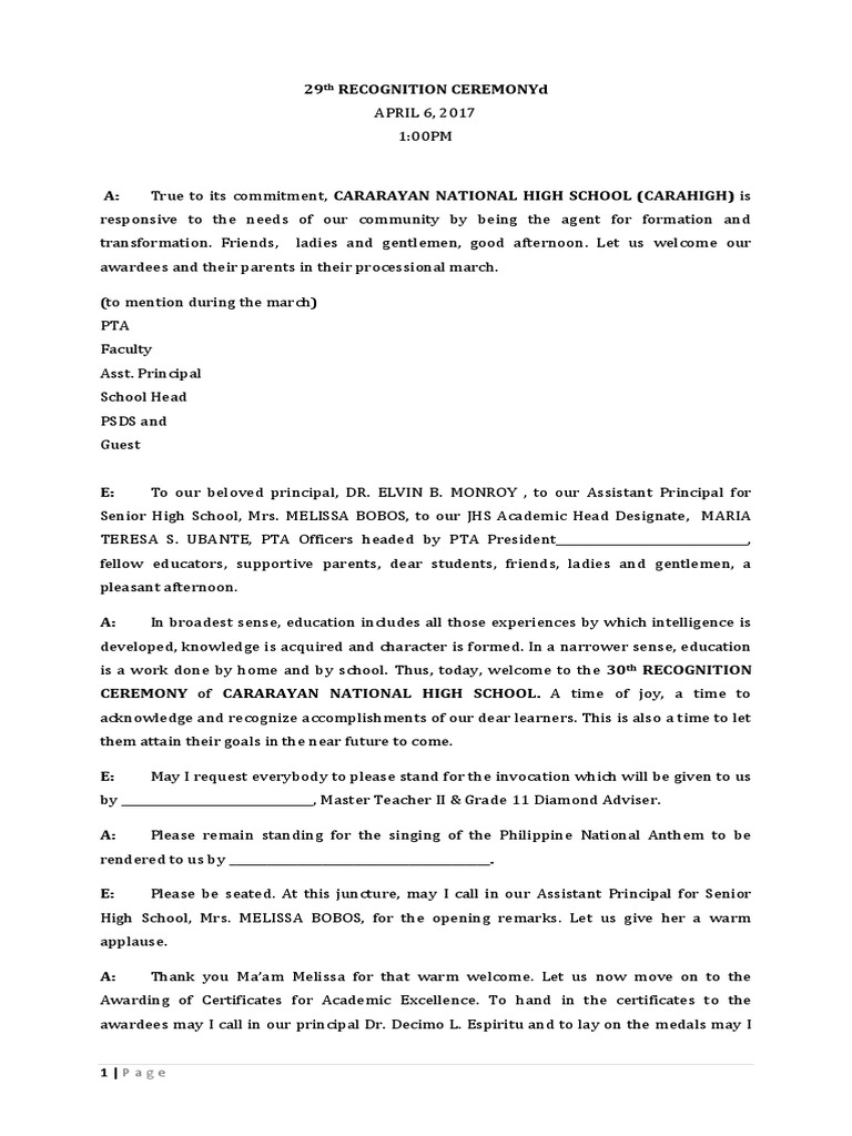 29th RECOGNITION CEREMONY SCRIPT | PDF