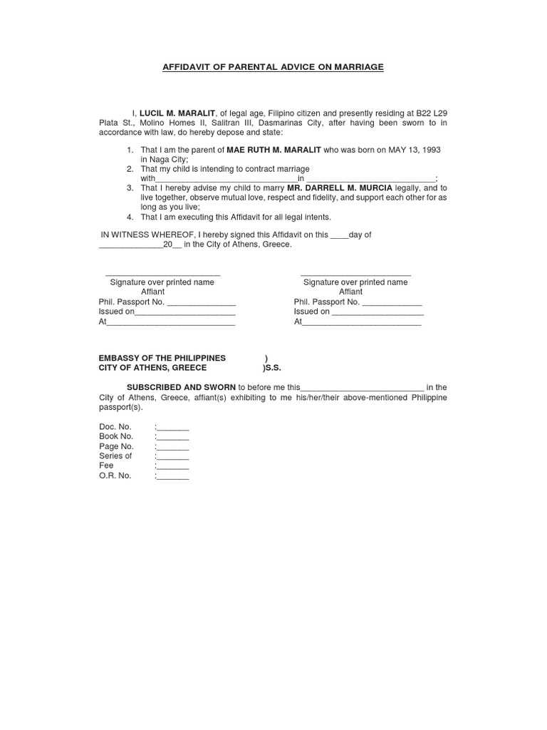Parental Advice Affidavit for Marriage | PDF