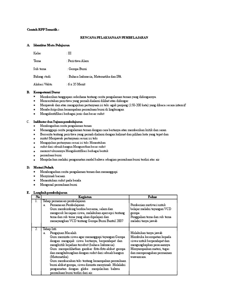 Contoh RPP Tematik Kelas III SD | PDF | Seni & Disiplin Bahasa