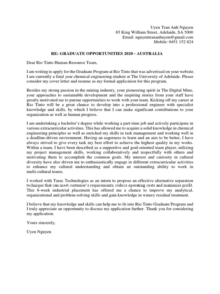 Cover Letter Rio Tinto Graduate Program Graduate School Engineering