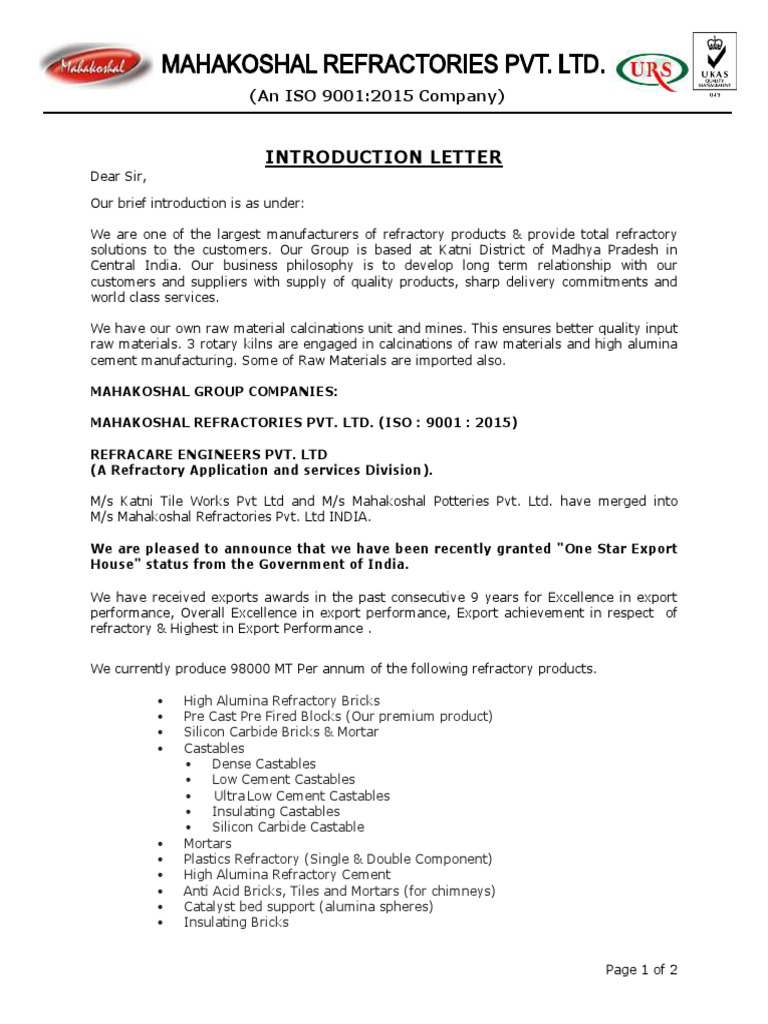 Introduction Letter Refractory Building Materials