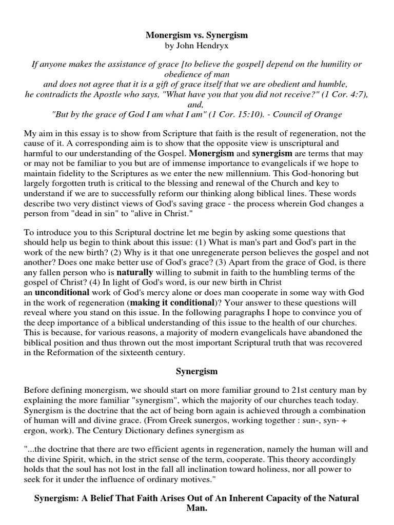 Monergism Vs Synsergism Pdf Grace In Christianity Justification