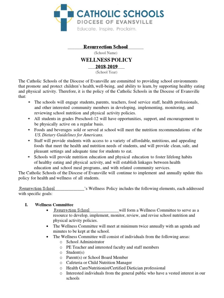 Diocese of Evansville Wellness Policy 2018-2019 Final | PDF | School ...