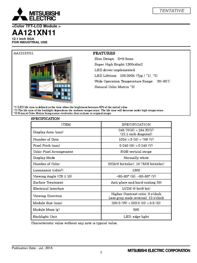 Mitsubishi AA121XN11 Specification | PDF | Display Technology | Electronics