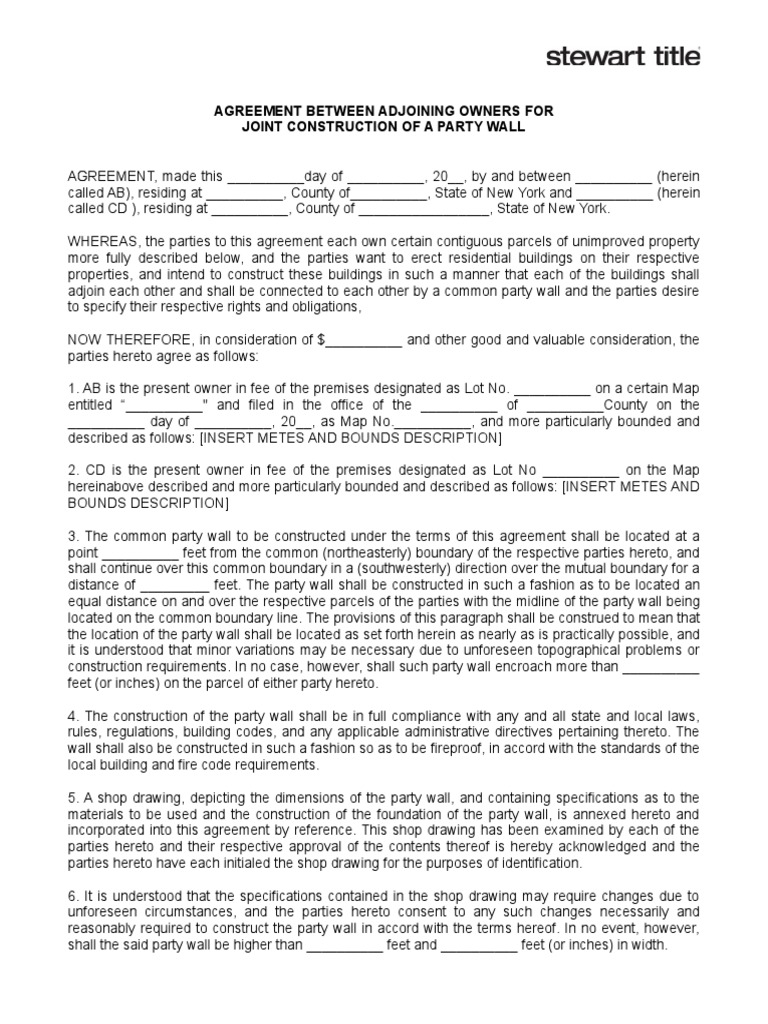 Party Wall Agreement For Joint Construction of Wall PDF Arbitral