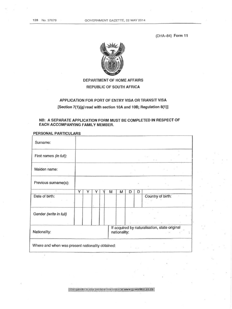 Visitor's Visa Application Form (DHA-84) (Form 11) (June 19, 2014) PDF ...